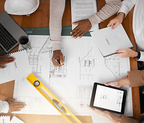 Image showing Tablet, floor plan and architecture people planning, project management and teamwork for design illustration. Engineering group or team hands collaboration on digital screen of blueprint construction