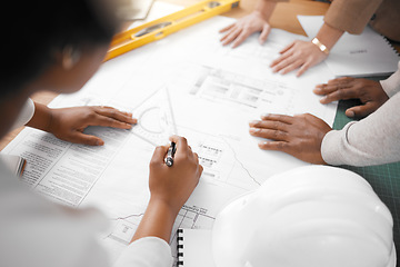 Image showing Hands, collaboration and architecture with a building team working in their office on design from above. Teamwork, construction or blueprint with an architect, designer and engineer at work together