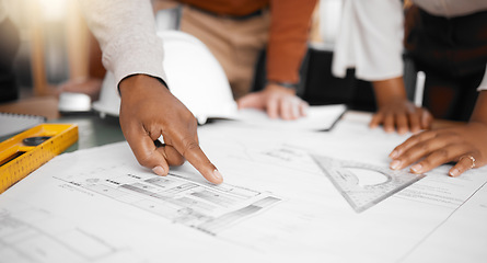 Image showing Hands, collaboration and design with a building team working in their office on architecture from above. Teamwork, construction or blueprint with an architect, designer and engineer at work together