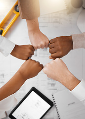 Image showing Hands, diversity and business people together in solidarity for mission, architecture and collaboration. Group of men and women hand for partnership, support and team building or teamwork project