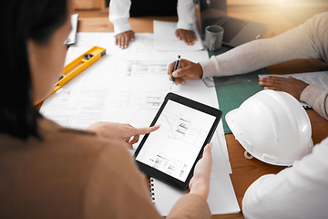 Image showing Tablet, floor plan and engineering people planning, project management and teamwork for design illustration. Architecture group or team hands collaboration on digital screen of blueprint construction