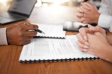 Image showing Hands, signing and couple with lawyer and contract for marrriage, mortgage or insurance. Legal, investment and a man and a woman with an advisor and paperwork for an agreement, service and compliance