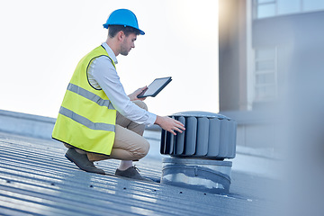 Image showing Engineering, tablet and man engineer on a roof to inspect, fix or do maintenance on an outdoor fan. Technology, research and male industrial worker or handyman working with mobile device on building.