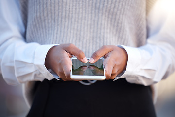 Image showing Woman, hands and phone typing in communication, social media or business chat in the outdoors. Closeup hand of female employee chatting on mobile smartphone with 5G connection for networking outside