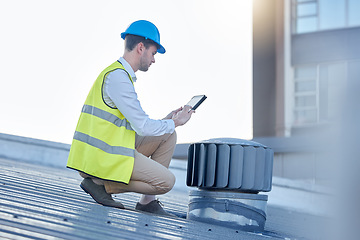 Image showing Engineering, digital tablet and engineer on a rooftop to inspect, fix or do maintenance on an outdoor fan. Technology, research and male industrial worker working with a mobile device on a building.