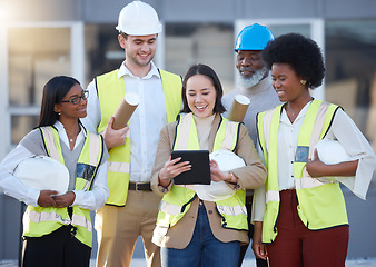 Image showing Engineering, tablet and people planning, teamwork and collaboration for project management design of blueprint. Construction worker, contractor or architecture manager and team on digital technology