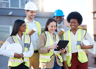 Image showing Architecture, tablet and people planning, teamwork and collaboration for project management design of blueprint. Construction worker, contractor or engineering manager and team on digital technology