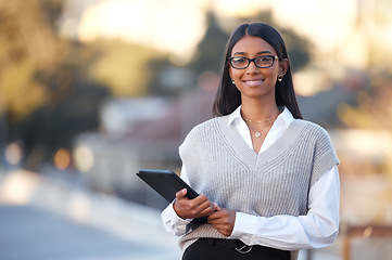 Image showing Portrait, tablet and a business woman in city during the day, ready for corporate success with mockup. Research, networking and 5g technology with a young female employee outdoor in an urban town