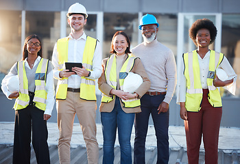 Image showing Group portrait of construction worker people, engineering or contractor team for career mindset, industry and building goals. Face of diversity employees and manager, industrial builder or architect