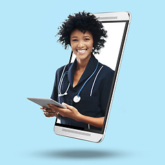 Image showing 3d telehealth doctor, phone and online with screen, tablet and portrait for app by blue background. Medic woman, face or smile for healthcare, advice or communication on internet for virtual service