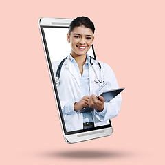 Image showing Woman, doctor and tablet on mockup screen for healthcare,, advertising or marketing against a studio background. Portrait of happy female medical expert smile with touchscreen from smartphone display