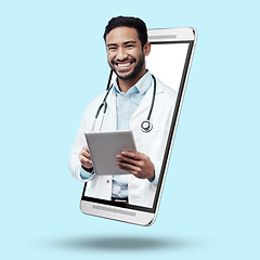 Image showing Asian man, doctor and tablet on mockup screen for healthcare, advertising or marketing against studio background. Portrait of happy male medical expert smile with touchscreen from smartphone display