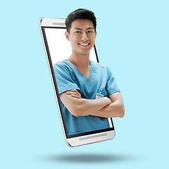 Image showing Phone, portrait and doctor on a healthcare app in a studio with 3d display on a mobile screen. Technology, online and asian male medical worker standing in a cellphone isolated by a blue background.