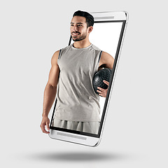 Image showing Phone, fitness and sports with a coaching app in studio on a gray background for training or routine. Display, 3D and interactive with a personal trainer on a smartphone screen for an online workout