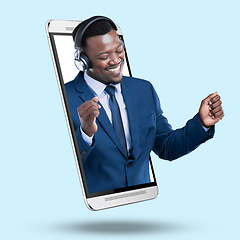 Image showing Phone, headphones and businessman in studio for a music app or website on the internet. 3d display, radio and African male model dancing to a song, album or playlist in cellphone by blue background.