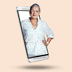 Image showing Happy, portrait and phone with a senior woman isolated on a studio background. Smile, confident and an elderly lady standing on the screen of a mobile for an online app, internet search or display