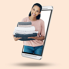 Image showing Woman, phone and screen on mockup for housekeeping, advertising or marketing against a studio background. Portrait of female cleaner with laundry towels on mobile smartphone display for advertisement