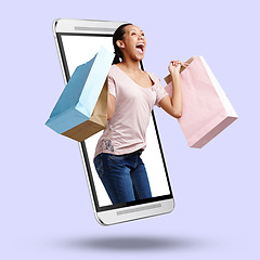 Image showing Woman, phone and screen on mockup for online shopping, ecommerce or celebration for sale against a studio background. Happy female shopper with bags on mobile smartphone display for online purchase