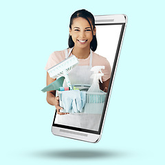 Image showing Woman, phone and screen on mockup for housekeeping, advertising or marketing against studio background. Portrait of female cleaner smile with basket of cleaning equipment on mobile smartphone display