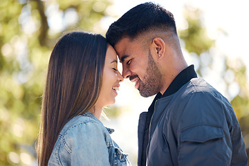 Image showing Couple, happy and outdoor with a smile for love, care and happiness together in summer. Head of young man and woman at nature park for affection on romantic valentines day date or vacation to relax