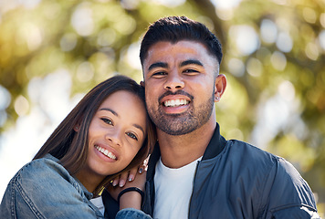 Image showing Couple, portrait and outdoor with a smile for love, care and happiness together in summer. Young man and woman at nature park leaning on shoulder on a happy and romantic date or vacation to relax