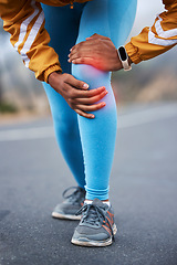 Image showing Fitness, legs and woman with knee pain injury from workout challenge, sports performance or outdoor exercise. Running problem, athlete training accident or hurt person with muscle strain emergency