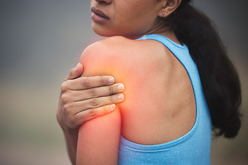 Image showing Fitness, arm and woman with shoulder pain injury from workout challenge, sports performance or outdoor exercise. Medical problem, athlete training accident or hurt person with muscle strain emergency