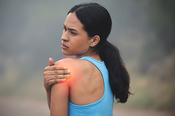 Image showing Workout, arm and woman with shoulder pain injury from fitness challenge, sports performance or winter exercise. Medical problem, runner training accident or hurt person with muscle strain emergency