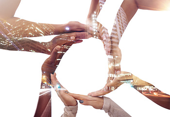 Image showing Hands, circle and team with connection and support, city overlay and double exposure on white background. Collaboration, trust and flow with people in studio, together and solidarity with diversity