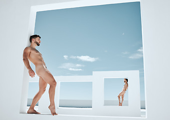 Image showing Naked statue, art deco and men against wall in open space architecture in the nude. Outdoor, live greek statues and model show homosexual, freedom and fitness muscle display of creativity as artwork