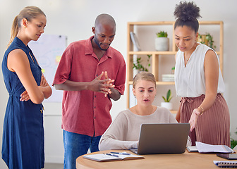 Image showing Office diversity, laptop and business people collaboration, teamwork and cooperation on brand design, research or planning. Strategy, analysis and startup social media company working on development