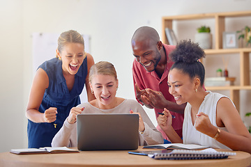 Image showing Success, business team and laptop with celebration from management goal and kpi target. Diversity, office and computer work with collaboration and teamwork together feeling proud from a project