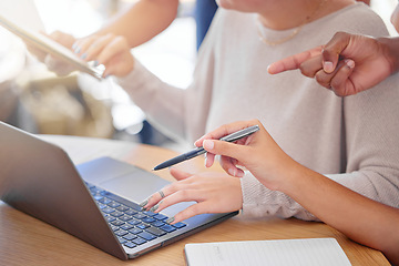 Image showing Office hands, laptop and business people teamwork, collaboration or cooperation on brand design, research or planning. Strategy, analysis and busy startup social media manager working on development