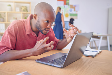 Image showing Office laptop, stress and frustrated black man, web designer or person with design, illustration or digital software problem. Mental health, 404 glitch and male angry over wireframe software error