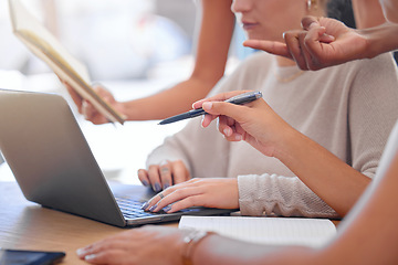 Image showing Office hands, laptop and business people collaboration, teamwork or cooperation on brand design, research or planning. Strategy, analysis and busy startup social media manager working on development