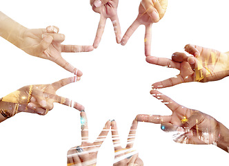 Image showing Hands peace sign, star overlay and business people together in solidarity, community support or studio team building. Collaboration, teamwork cooperation gesture or group isolated on white background