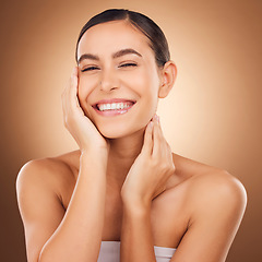 Image showing Beauty satisfaction, face portrait and happy woman with luxury facial cosmetics, natural makeup and studio skincare glow. Dermatology, spa salon person and aesthetic female model on brown background