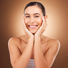 Image showing Makeup satisfaction, face portrait and happy woman with luxury facial cosmetics, natural skincare glow and studio beauty. Dermatology, spa salon person and aesthetic female model on brown background