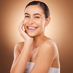 Image showing Skincare satisfaction, face portrait and happy woman with luxury facial cosmetics, natural makeup glow and studio beauty. Dermatology, spa salon person and aesthetic female model on brown background