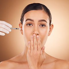 Image showing Plastic surgery surprise, hands or portrait woman with needle facial change, cosmetics process or studio skincare. Injection, female healthcare or face model with aesthetic beauty on brown background