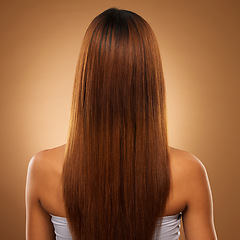 Image showing Back of hair, beauty and woman in studio for shampoo, wellness and keratin treatment on brown background. Hairdresser mockup, salon and girl with hairstyle for growth, haircare texture and cosmetics