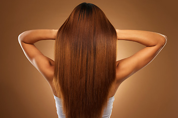 Image showing Back of hair, beauty and woman in studio for growth, wellness and keratin treatment on brown background. Hairdresser mockup, salon and girl with hairstyle for shampoo, haircare texture or cosmetics