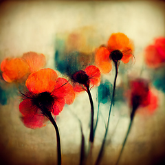 Image showing Beautiful poppy field in bright sunlight. Spring flower backgrou