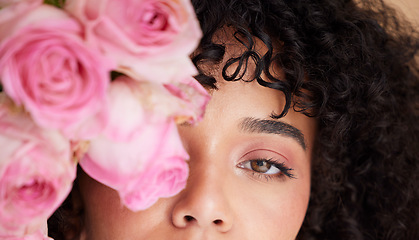 Image showing Beauty, flowers and eyes of woman with makeup, cosmetics for wellness, glamour and glow in studio. Salon aesthetic, luxury spa and face of girl model with natural hair, skincare and facial treatment