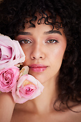 Image showing Beauty, flowers and portrait of woman with makeup, cosmetics and hair care for wellness, glamour and glow. Salon aesthetic, luxury spa and face of girl for natural, skincare and facial treatment