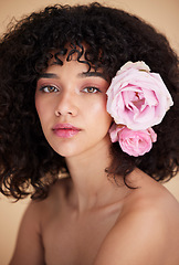 Image showing Beauty, flowers and portrait of woman with makeup, cosmetics and hair care for wellness, glamour and glow. Aesthetic, luxury spa and serious face of girl for natural, skincare and facial treatment