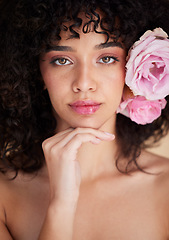 Image showing Makeup, flowers and portrait of woman with beauty, cosmetics and hair care for wellness, glamour and glow. Salon aesthetic, spa and girl for natural face, skincare and facial treatment in studio