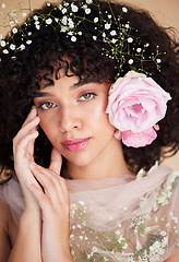 Image showing Beauty, flowers and portrait of woman with makeup, cosmetics and hair care for wellness, glamour and glow. Spring aesthetic, spa and face of girl for natural, skincare and facial treatment in studio