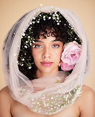 Image showing Veil, flowers and portrait of woman for beauty, cosmetics and makeup for wellness, glamour and glow in studio. Spring aesthetic, style and serious face of girl for fashion, skincare and facial care