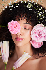 Image showing Beauty, flowers and face of woman relax with makeup, cosmetics and hair care for wellness, glamour and glow. Spring aesthetic, spa and girl model for natural, skincare and facial treatment in studio